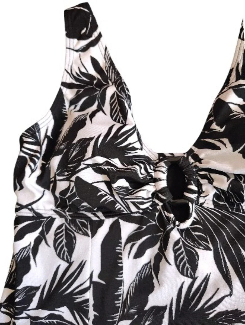 Fit 4U Black White Tropical One Piece Swimsuit Dress SZ 10 Fit 4 Ur Thighs